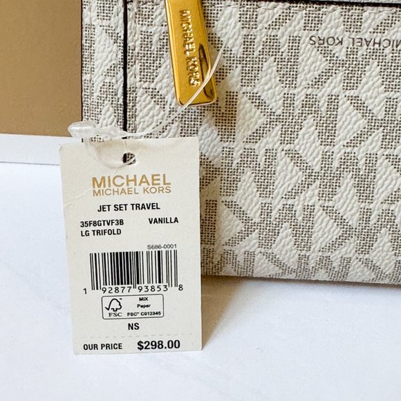 Michael Kors Jet Set Travel Large Trifold Wallet MK Vanilla - Picture 10 of 11